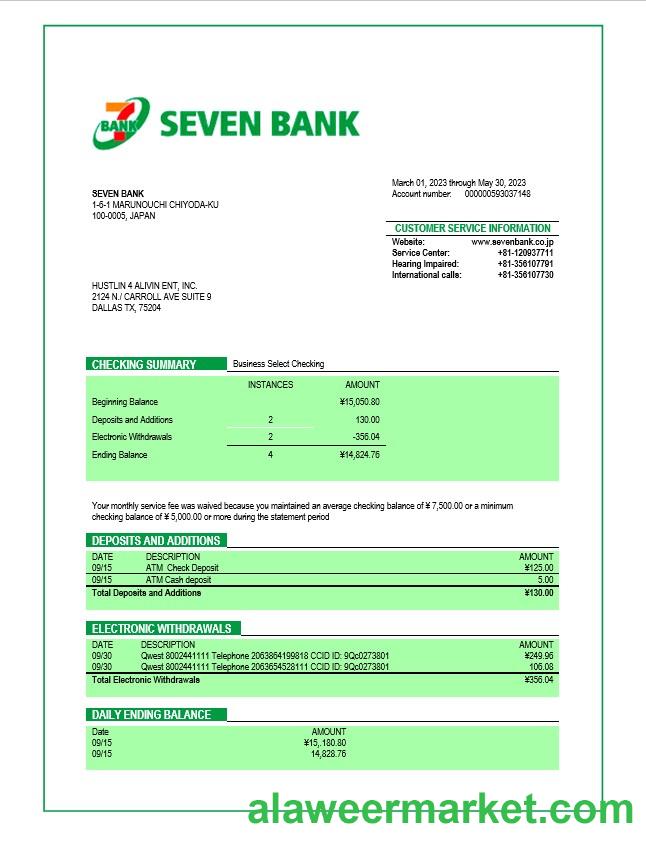 Seven Bank company checking account statement Word and PDF template